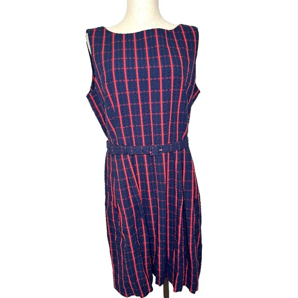 L.L. Bean Red & Blue Check Seer Sucker Sleeveless Dress Belted Size 16 - Picture 1 of 11